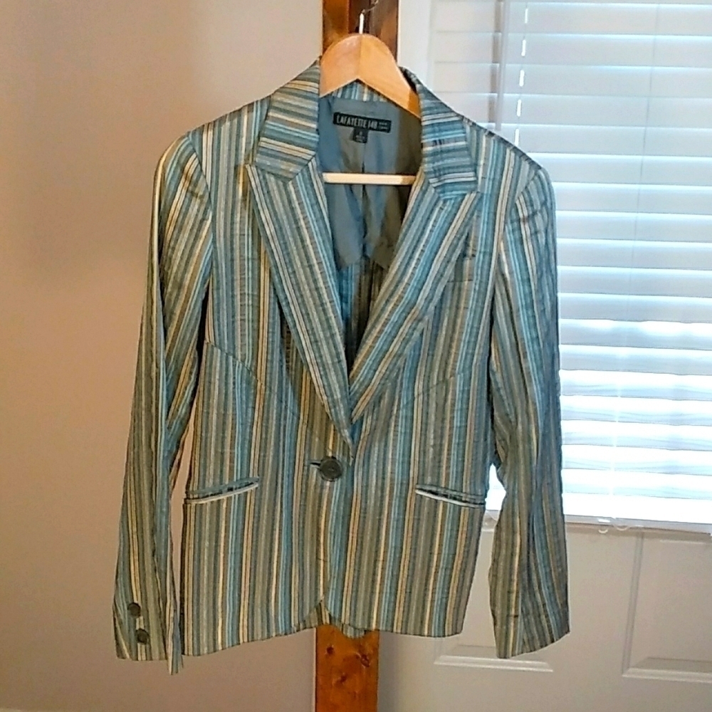 Lafayette 148 New York Stripe Linen Blend Long Sleeve Jacket Blazer Size 6